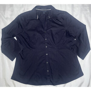 Lands End Non Iron Pinpoint Oxford Womens Button Up Shirt Top Navy Blue Size 14